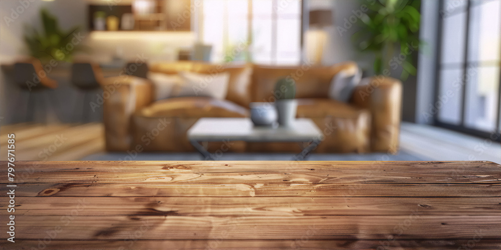 Retro and minimal style empty wooden table with blurred living room interior in the background