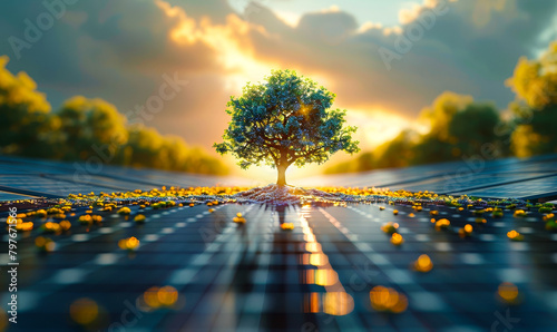 Vibrant Tree Sprouting from Solar Panel Field - Renewable Energy Growth, Sustainable Future, Zero Carbon Emissions