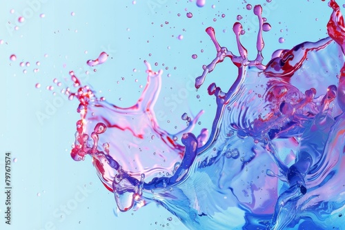 A vibrant dance of red and blue liquid splashes
