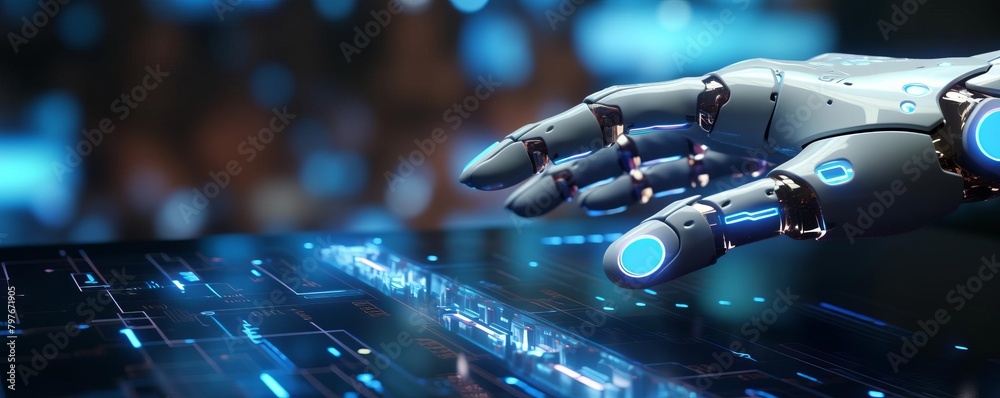 A robot hand is touching a glowing blue screen with a futuristic background A robot hand is touching a glowing blue screen with a futuristic background