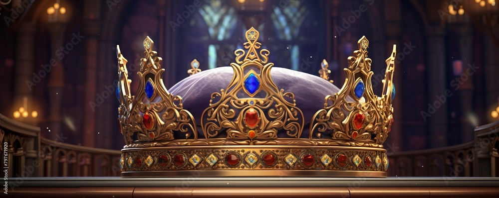 Isometric 3D illustration of a majestic crown set against a detailed royal palace background, highlighted in gold and jewel tones, perfect for historical or fantasy themes Isometric 3D illustration of a majestic crown set against a detailed royal palace background, highlighted in gold and jewel tones, perfect for historical or fantasy themes