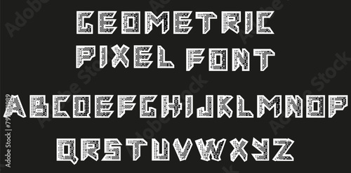 Pixel Art Alphabet Design isolated black background. Geometry Font Template with white outline. Grunge vector Sticker can used Web and Social Media poster, banner design. EPS 10