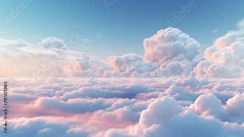 A vast expanse of pink, white, and blue cloudscape. Soft lighting and a sense of serenity. photo