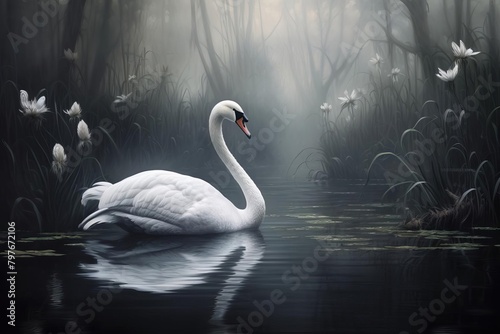 A beautiful swan is swimming in a misty lake