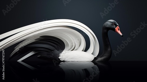 A surreal 3D composition where a sleek black swan transitions into a graceful white swan, set against a dynamic gradient background, perfect for themes of change and evolution
