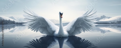 A majestic swan spreads its wings on a tranquil lake against a backdrop of snow-capped mountains. photo