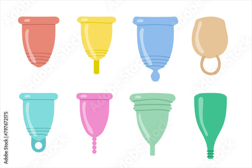 Menstrual cup set. Different forms, Eco-friendly, silicone washable menstrual cup. Zero waste period personal hygiene. Plastic-free concept. Vector isolated illustration