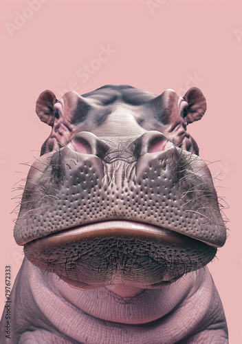 A close-up image of a hippopotamus face against a pink background, highlighting the eyes, nostrils, and textured skin.  © krit