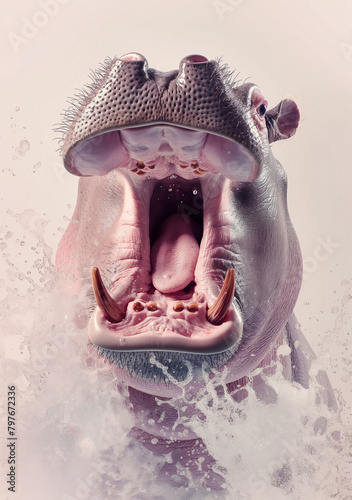 A close-up of a hippopotamus with its mouth wide open, displaying its large teeth and pink interior, set against a light background with water splashes.  © krit