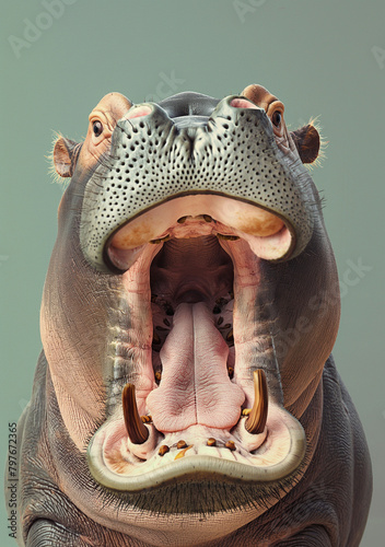 A front view of a hippopotamus facing upwards with its mouth wide open, showing the inside of its mouth and large canines, against a teal background.  © krit
