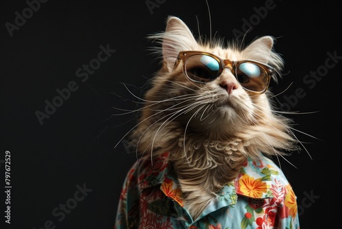 cat are wear sunglass and shirt in concept summer on the black background,Playful cat in colorful attire and sunglasses dancing on travel concept