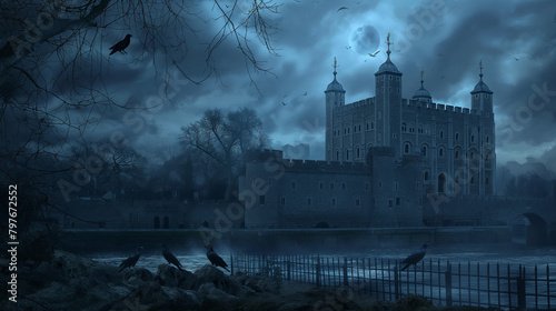 This is a picture of the Tower of London at night. The sky is dark and there is a full moon. There are some birds flying around the tower.

 photo