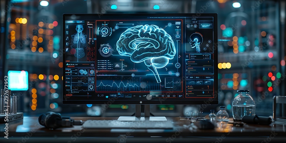 The human brain in front of the monitor in the laboratory. 3d rendering