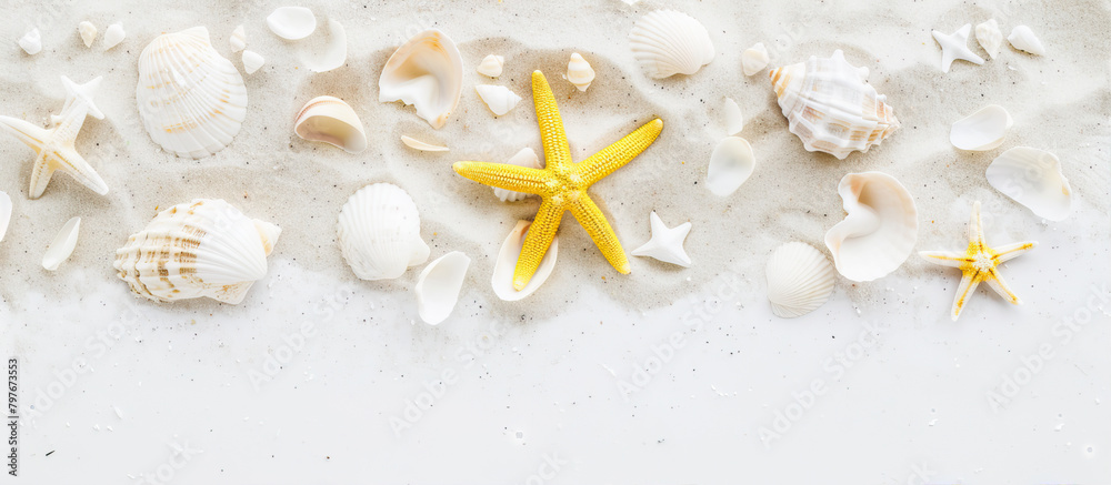 Light background with sand, shells and starfish
Light background with sand, shells and starfish