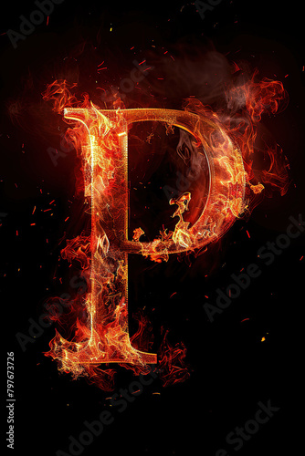 Fire letter P made of burning letters on black background