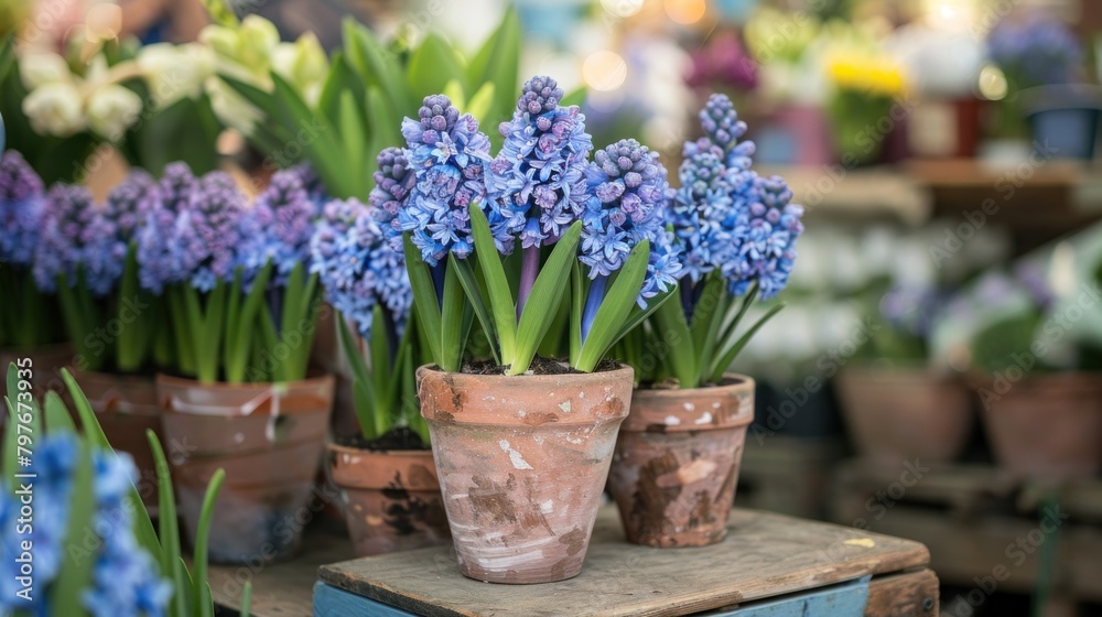 Floristic store adorned with vibrant blue violet hyacinths in pots.