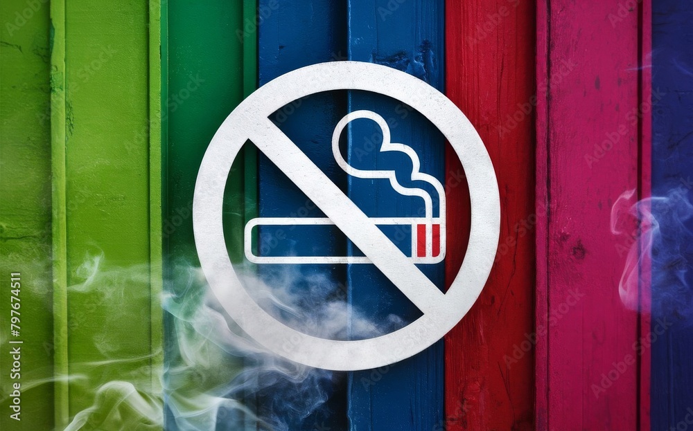 No Smoking Sign with Text Warning and Colorful Backdrop Obscured by Smoke - Health Warning, Public Spaces, Addiction Awareness No Smoking Sign with Text Warning and Colorful Backdrop Obscured by Smoke - Health Warning, Public Spaces, Addiction Awareness