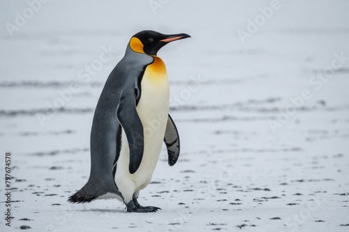 Lonely King Penguin  Aptenodytes patagonicus  walking on snow covered plain