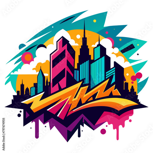Dynamic vector illustration featuring a bustling city skyline adorned with graffiti-style street art, capturing the vibrant energy of urban culture.