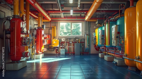 Vivid Tones Highlight Complex Heating System in Utility Room