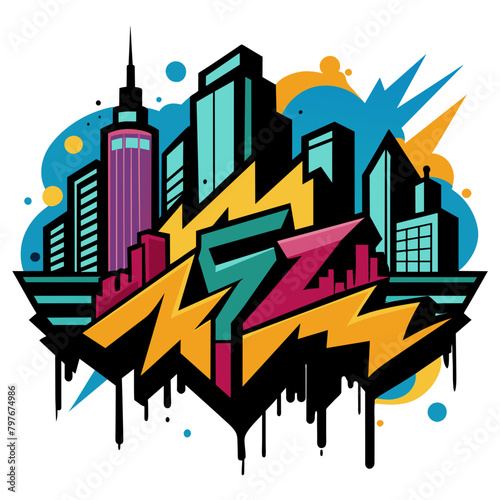 Dynamic vector illustration featuring a bustling city skyline adorned with graffiti-style street art, capturing the vibrant energy of urban culture.