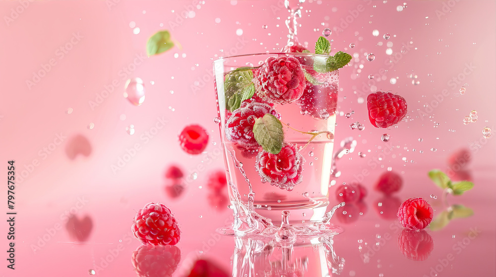 Cocktail with raspberries in a glass on a pink background
Cocktail with raspberries in a glass on a pink background