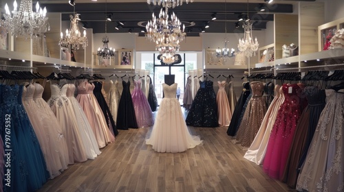 Modern shop boutique. Luxury filled with elegant formal dresses.