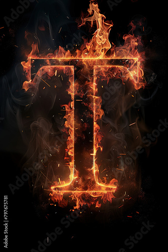 Fire letter T made of burning letters on black background