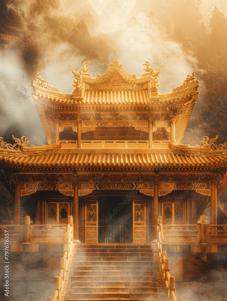 Fototapeta premium The golden palace shrouded in clouds and mist in the valley