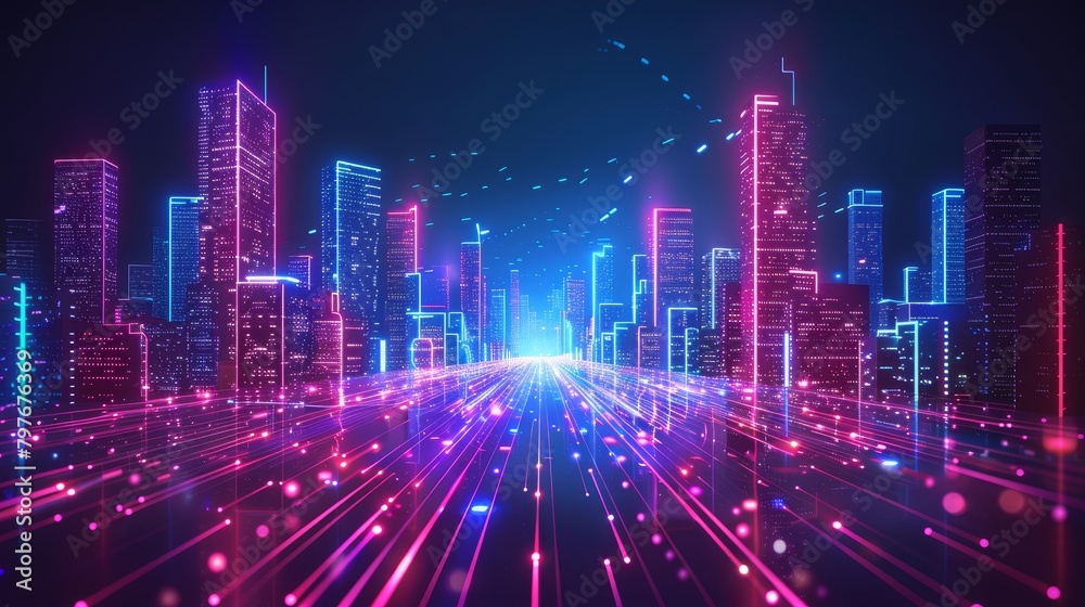 Digital Technology: A 3D vector illustration of a digital cityscape, with skyscrapers and neon lights