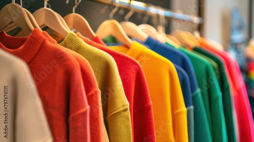 Diverse array of colorful youth cashmere sweaters, hoodies, and sweatshirts on a clothes rack for advertising merchandise.