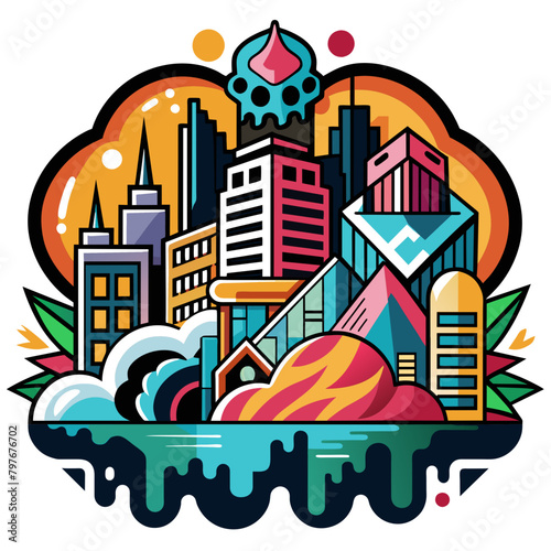 Edgy sticker depicting a modern cityscape with bold, abstract street art motifs interwoven throughout the architecture, evoking a sense of creativity and rebellion