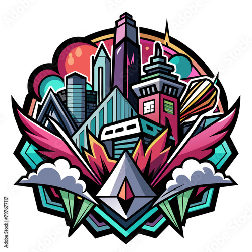 Edgy sticker depicting a modern cityscape with bold  abstract street art motifs interwoven throughout the architecture  evoking a sense of creativity and rebellion
