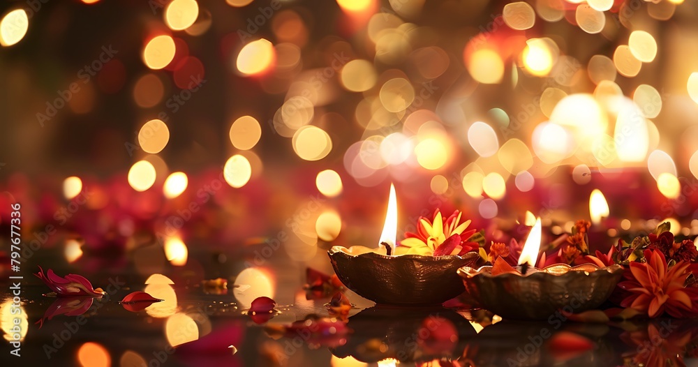 Festive Lights and Oil Lamps Illuminating the Celebration of Diwali Day Festive Lights and Oil Lamps Illuminating the Celebration of Diwali Day