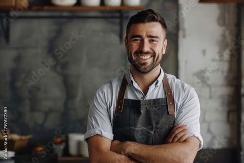 smiling  happy  confident staff  employee  shop keeper with apron  studio isolated photo
