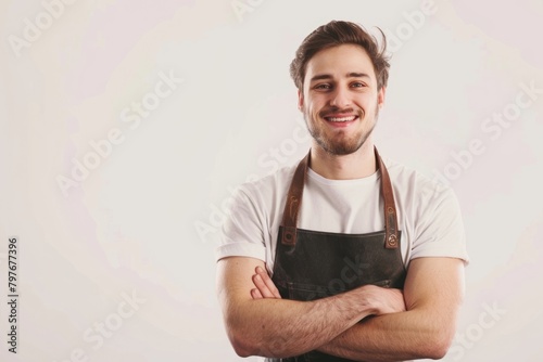 smiling  happy  confident staff  employee  shop keeper with apron  studio isolated