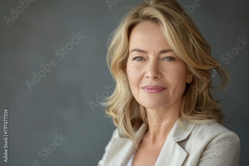 Sophisticated middle aged woman advertises products with smile.