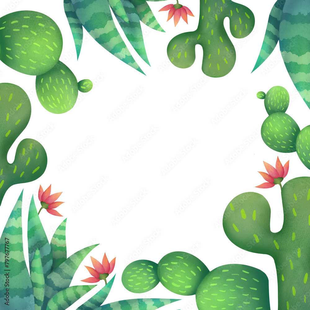 Naklejka premium Green Mexican cacti frame. Watercolor cute desert plants around perimeter of illustration. square template for greeting cards and invitations with empty copy space for text