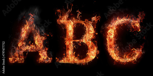 Fire letters ABC font alphabet made of burning letters on black background