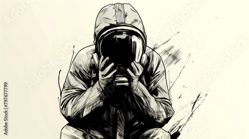 sketch of an man in hoodie and gas mask covering his face with hands, sitting on the floor, sadness and despair concept post apocalypse world bio hazard decontamination  photo