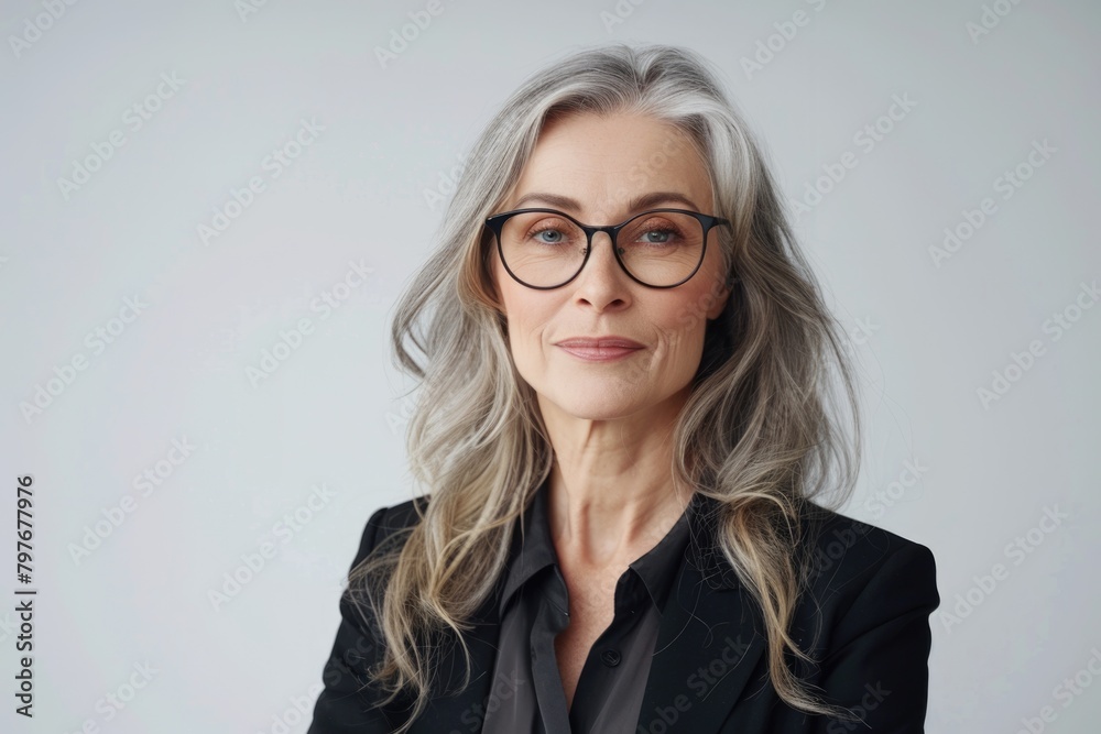 Confident mature businesswoman in glasses smiling for portrait.