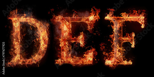 Fire letters DEF font alphabet made of burning letters on black background photo