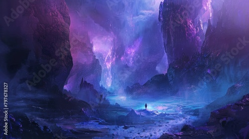Ethereal blue and purple tones painting a fantastical landscape, inviting exploration. photo