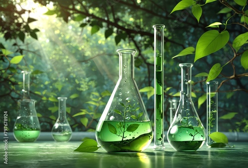 3D illustration of test tube, erlenmeyer flask with leaves and green energy background