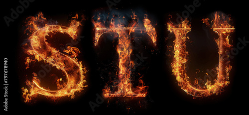 Fire letters STU font alphabet made of burning letters on black background