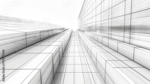 Grid Structure: A 3D vector illustration of a modern building facade with a grid pattern