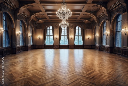 Castle ballroom floor wood chandelier.