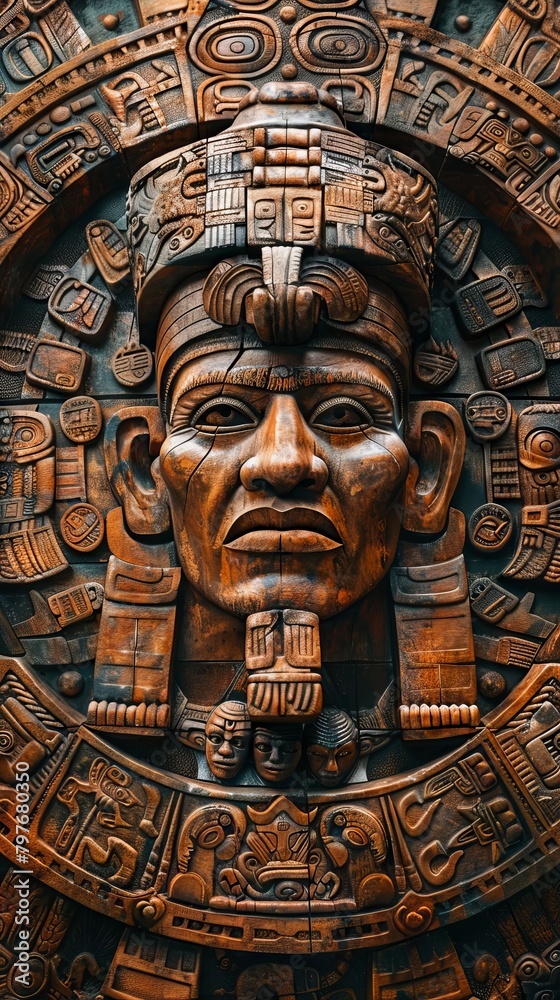 A wooden sculpture of a mayan man.