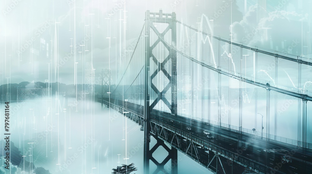 Obraz premium Illustration of a view of a suspension bridge with a double exposure effect, a diagram of a business financial report