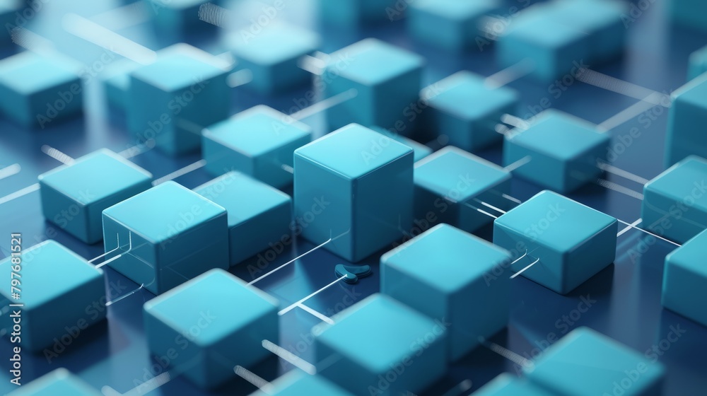 Blue glowing cubes connected by white lines on a dark blue background. Blue glowing cubes connected by white lines on a dark blue background.